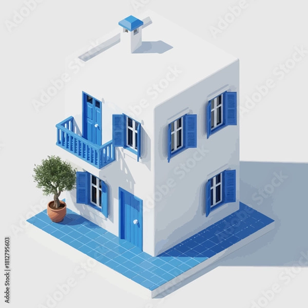 Fototapeta Isometric Greek Villa with Olive Tree: A minimalist architectural render