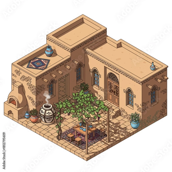 Fototapeta Charming Isometric Rendering of a Traditional Mediterranean Villa Courtyard