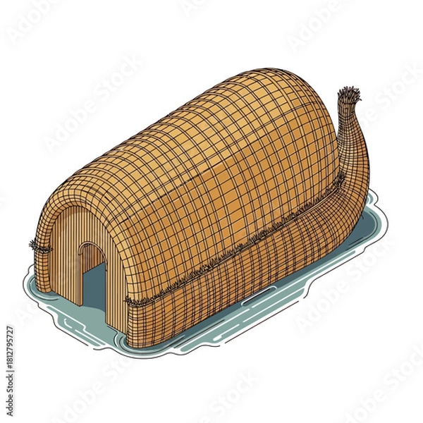 Fototapeta Illustration of a traditional Mesopotamian reed boat floating on the water