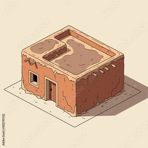 Fototapeta Isometric cartoon adobe house architecture design illustration asset