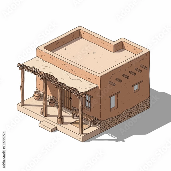 Fototapeta Isometric cartoon adobe house design, traditional architecture illustration