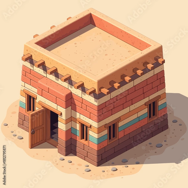 Fototapeta Isometric Desert Dwelling Illustration with Open Door, Middle Eastern Architecture