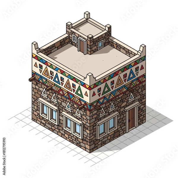 Fototapeta Isometric desert dwelling with geometric accents and stone facade architecture