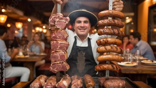 Obraz Smoked meat and barbecue on a market grill