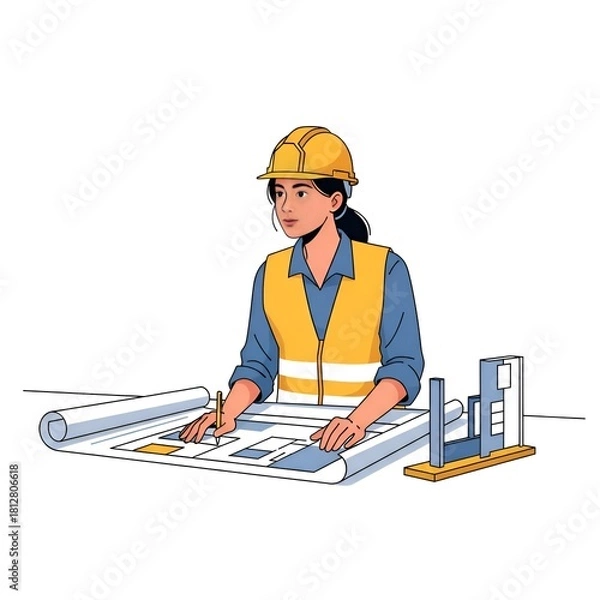 Obraz Female Engineer in Hard Hat and Safety Vest Reviewing Blueprints on Construction Site.