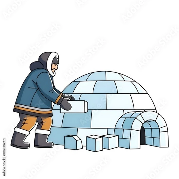 Fototapeta Eskimo Man Building Igloo with Ice Blocks in Arctic Environment.