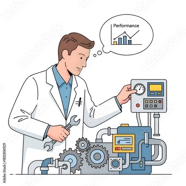 Fototapeta Engineer in Lab Coat Adjusting Machinery for Performance Improvement.