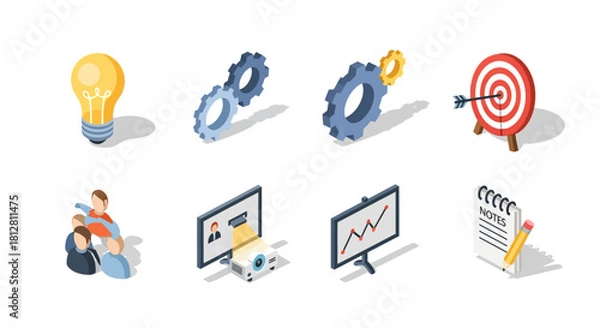 Fototapeta Isometric business icons: innovation gear target collaboration analysis notes