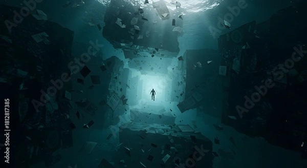 Obraz Surreal Underwater Figure Amidst Floating Documents, Tunnel Vision