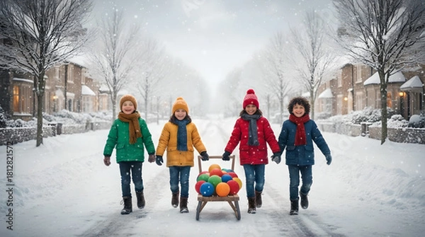 Obraz Group of children walking in snow with sled of colorful balls