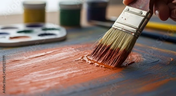 Obraz Creative Painting Process Brush Applying Orange Paint to Canvas