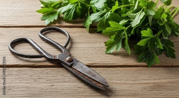 Obraz Fresh parsley with vintage scissors on wooden table background  