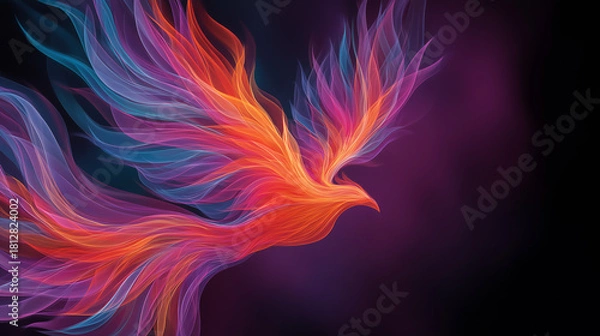 Fototapeta Colorful phoenix illustration with flowing feathers on dark background
