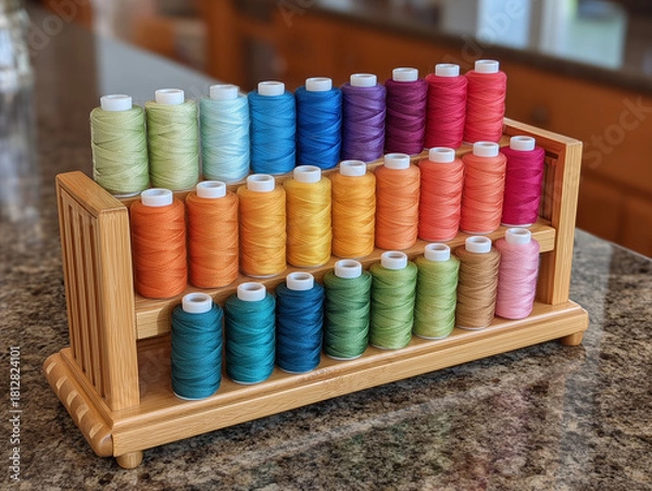 Obraz Colorful sewing thread spools on wooden rack in kitchen