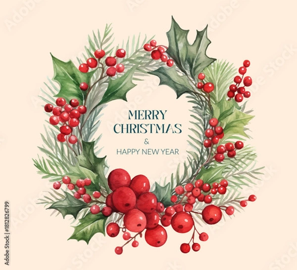 Fototapeta Wishing you a Merry Christmas and a Happy New Year with this delightful Floral Wreath Illustration