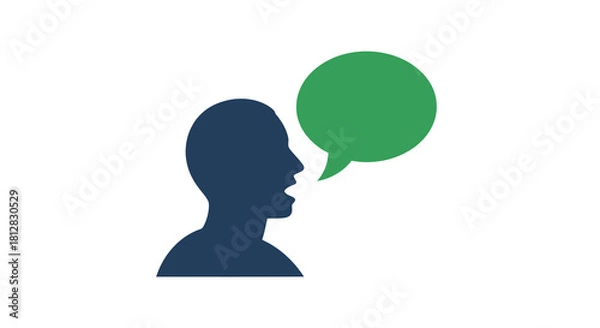 Obraz Blue silhouette profile with green speech bubble on white background