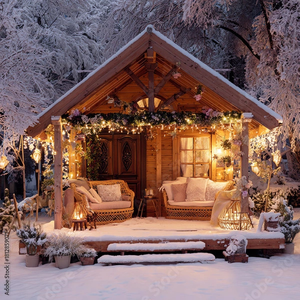 Fototapeta A small cabin with a porch and a fireplace