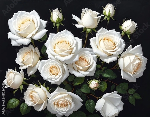 Fototapeta A bouquet of delicate white roses with green leaves on a dark background.