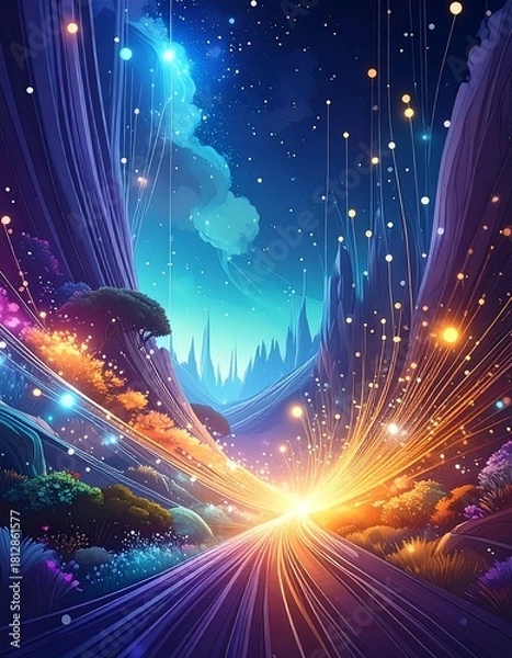 Fototapeta Whimsical fantasy landscape with glowing orbs and vibrant flora under a starry sky.