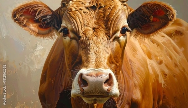 Fototapeta Close-up portrait of a brown cow with soft fur texture.