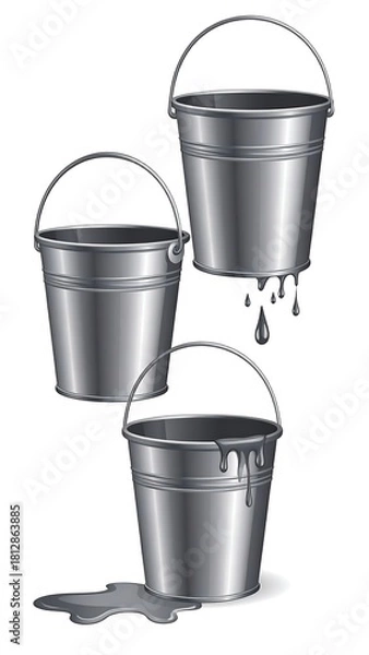 Fototapeta Three metal buckets with liquid dripping from them.