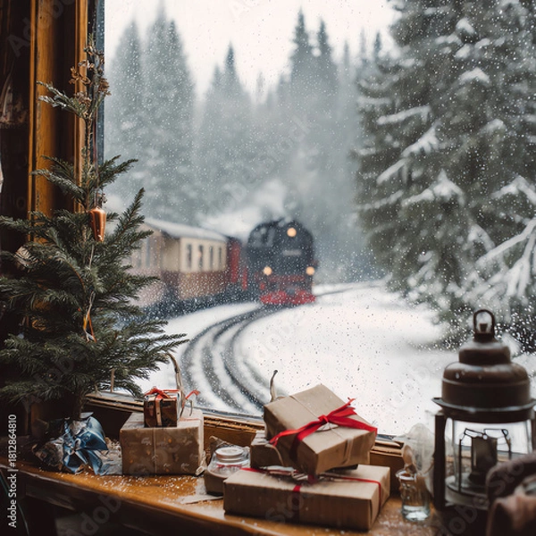 Fototapeta A train is passing by a Christmas tree