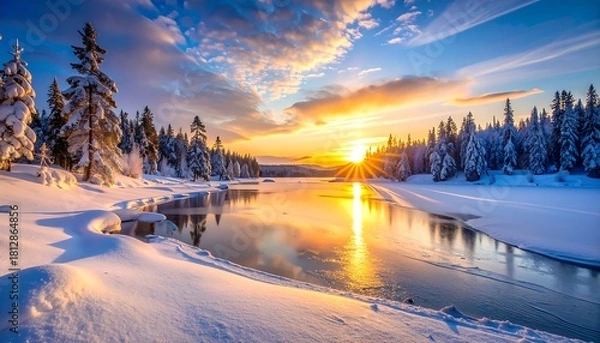 Fototapeta Snow covered trees line a frozen river at sunset under a colorful sky.