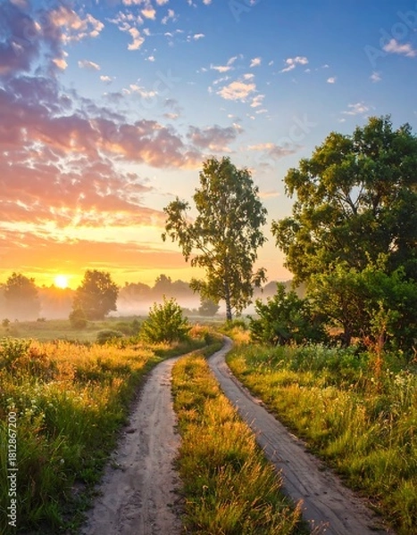 Fototapeta Winding dirt path through sunlit meadow at sunrise with colorful clouds.