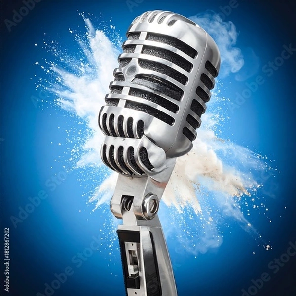 Fototapeta Retro microphone explodes with white powder against blue background.