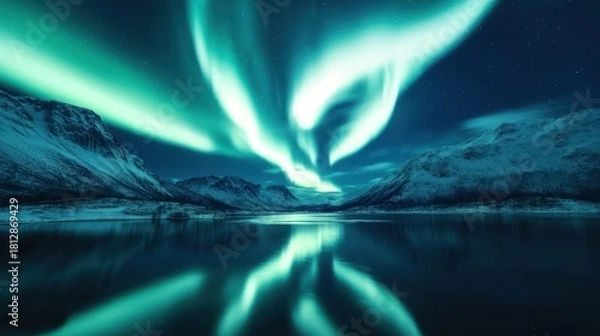 Obraz Majestic Northern Lights Display Reflected on Calm Arctic Waterscape during winter