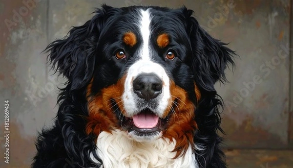 Fototapeta Bernese mountain dog with expressive eyes and soft fur sits patiently.