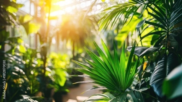 Obraz Lush tropical foliage in sunlit greenhouse showcasing botanical diversity
