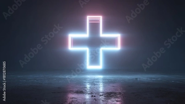 Obraz A glowing neon cross symbol in a dark environment, representing health and wellness.