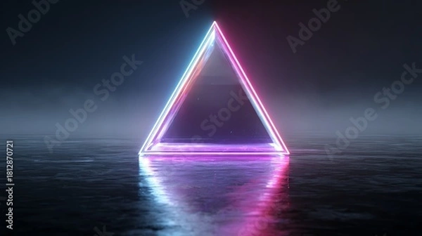 Fototapeta A glowing neon triangle illuminated above a reflective surface in a dark atmosphere.