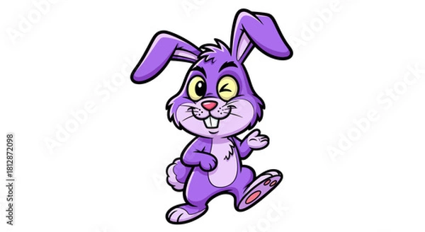 Fototapeta A cheerful purple cartoon rabbit winking and waving happily on a white background.