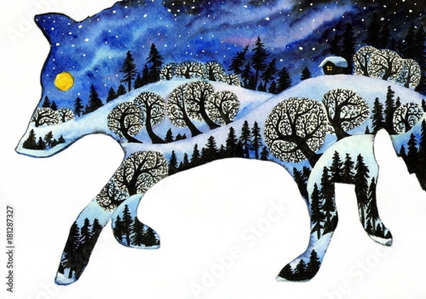 Fototapeta Рисунок акварелью "Зимний волк"