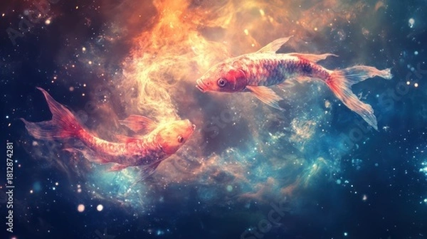 Obraz Celestial Koi Duo: A Cosmic Dance of Two Fish Amidst a Starry Nebula