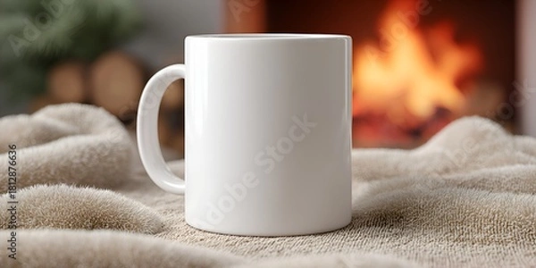 Obraz A white ceramic mug sits on a soft beige blanket with a warm, out of focus fireplace glowing with flames in the background atmosphere.
