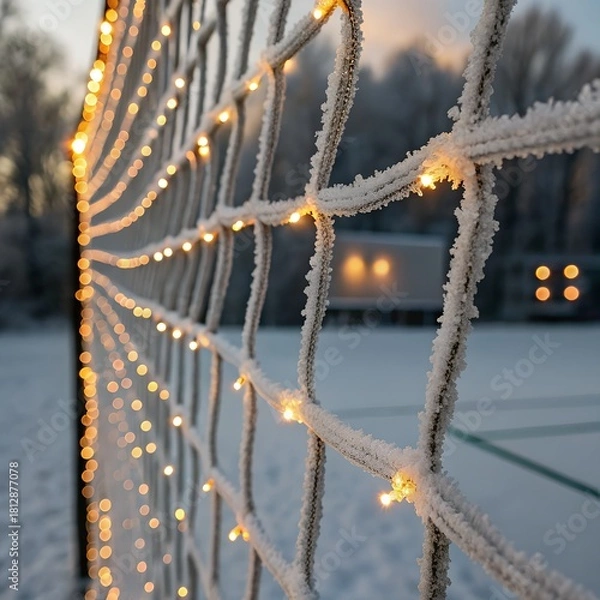 Fototapeta Frosted Soccer Net Adorned with Warm String Lights in Winter