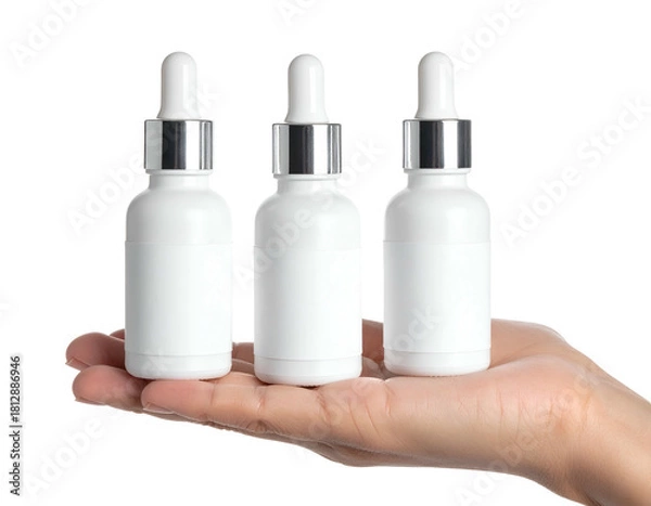 Obraz Three white dropper bottles held in hand