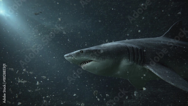 Fototapeta Powerful shark swimming gracefully in ocean depths with sunlight piercing through, an exciting adventure in marine wildlife, a stunning underwater scene