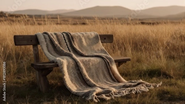 Fototapeta A rustic bench holds a draped woven blanket, overlooking a field at sunset