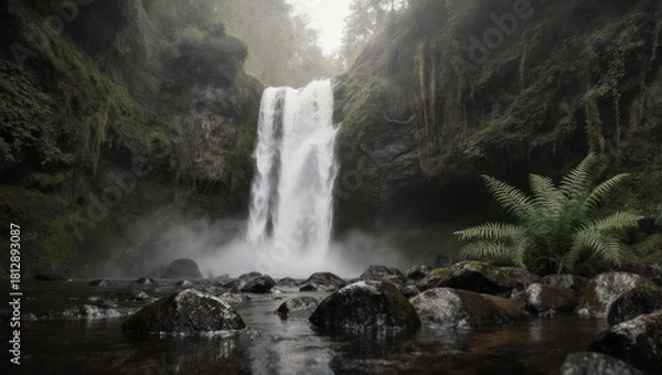 Fototapeta A majestic waterfall cascading down mossy cliffs, surrounded by lush, green vegetation