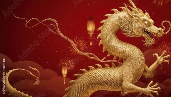 Fototapeta A gold dragon glides against a red backdrop, lanterns and fireworks add celebration