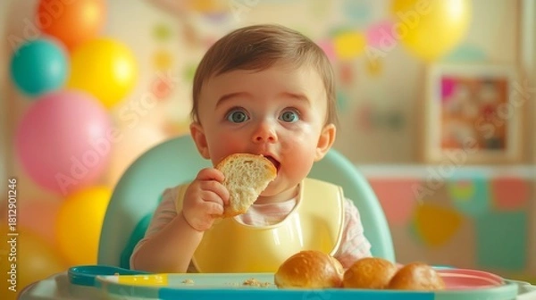 Fototapeta A young Caucasian baby with brown hair sits in a high chair, eating bread. Colorful balloons decorate the background, emphasizing a joyful atmosphere.