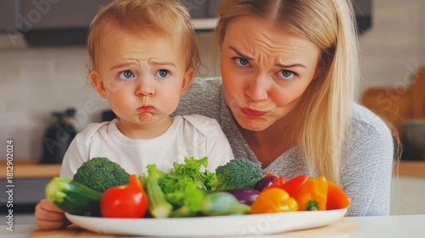 Obraz A frustrated mother and her toddler sit at a table with a plate of colorful vegetables. Both have unhappy expressions, showing reluctance to eat healthy food.