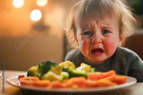 Fototapeta A young Caucasian boy with curly blond hair is crying at a table. He has a plate of colorful vegetables in front of him, including broccoli and carrots.