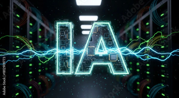 Obraz Symbole holographique IA Intelligence Artificielle fait de circuits électroniques lumineux dans un centre de données flou
