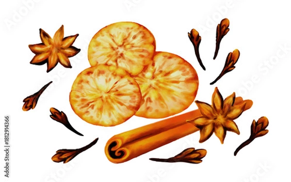 Fototapeta 
Festive Citrus and Spice Watercolor Illustration. Dried orange slices cinnamon sticks star anise and cloves arranged in a warm festive spice illustration