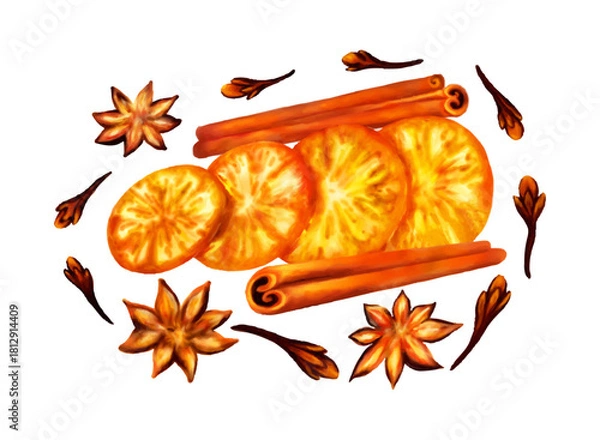 Fototapeta 
Festive Citrus and Spice Watercolor Illustration. Dried orange slices cinnamon sticks star anise and cloves arranged in a warm festive spice illustration